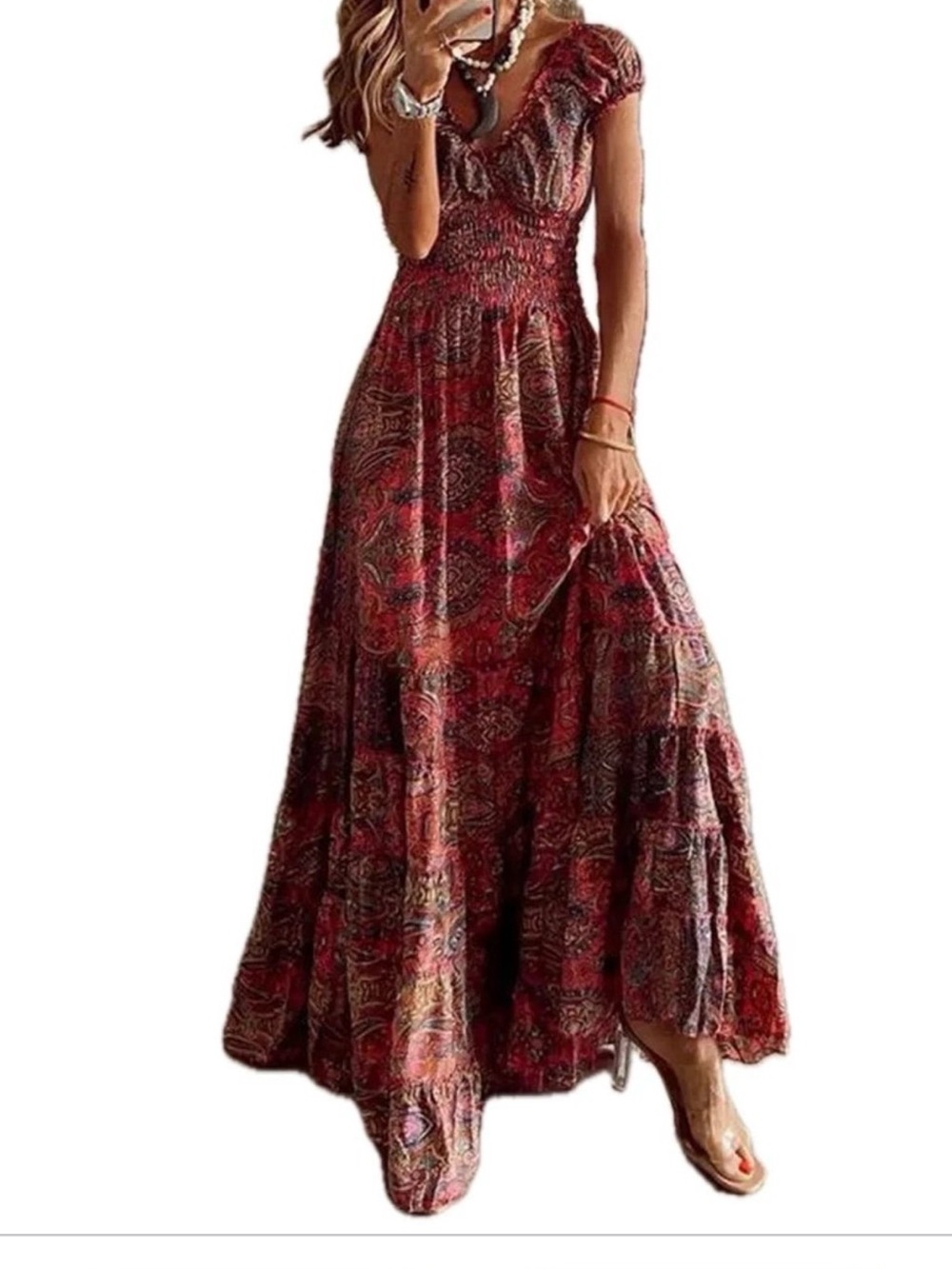 Rust Boho Paisley Maxi Dress Smocked Waist Sz M NWOT